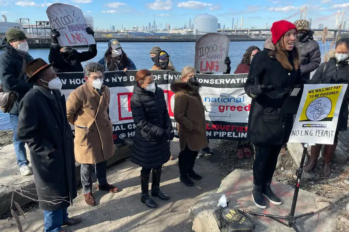 Local environmental activists and elected leaders held a rally on the banks of Newtown Creek across from the Greenpoint Energy Center to call on Gov. Kathy Hochul to reject the facility’s permit application for an expansion, January 27th, 2022